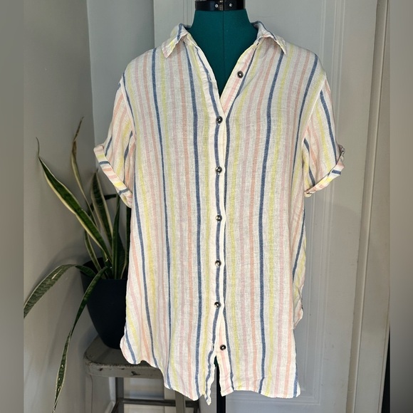 Splendid Tops - Splendid Small Linen Blend Button Up Striped Shirt Coastal Cottage Core